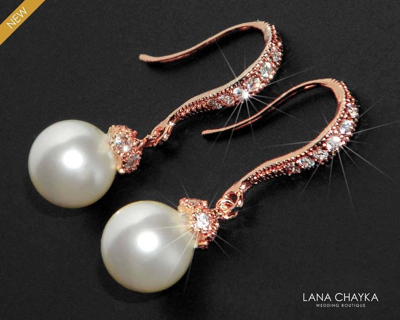 Hochzeit - White Pearl Rose Gold Bridal Earrings Swarovski 8mm Pearl CZ Earrings Bridal Pearl Drop Earrings Wedding Rose Gold Small Earrings Bridesmaid