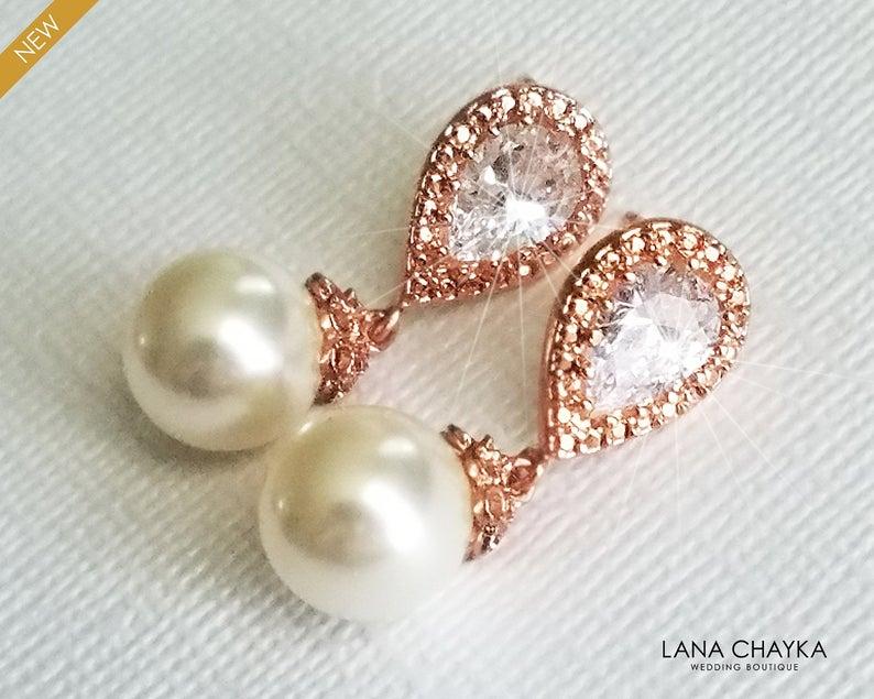 Mariage - Pearl Rose Gold Bridal Earrings, Swarovski 10mm Ivory Pearl Earrings, Wedding Pearl Drop Earrings, Pink Gold Ear Studs, Bridesmaids Earrings