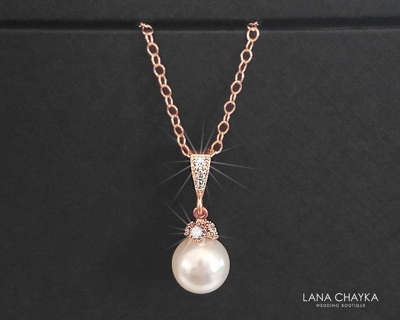 Hochzeit - White or Ivory Pearl Rose Gold Bridal Necklace, Swarovski 8mm Pearl Pendant, Dainty Pearl Necklace Single Pearl Necklace Bridesmaid Jewelry