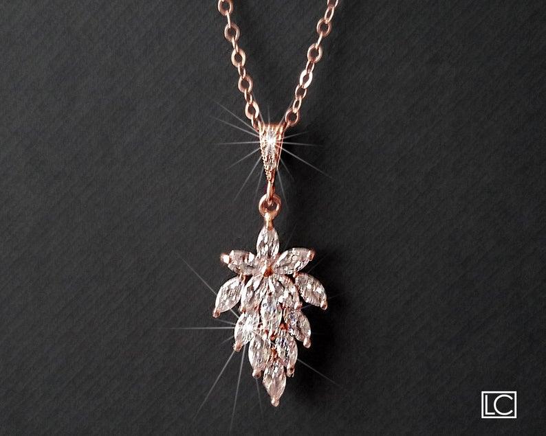 Hochzeit - Leaf Cluster Rose Gold Necklace, Marquise Crystal Necklace, Wedding Rose Gold Jewelry, Floral Cubic Zircon Bridal Pendant, Bridal Party Gift