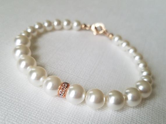 زفاف - White Pearl Bridal Bracelet, Swarovski Pearl Rose Gold Bracelet, Wedding Pearl Bracelet, Bridal Jewelry, Wedding Jewelry Bridesmaid Bracelet