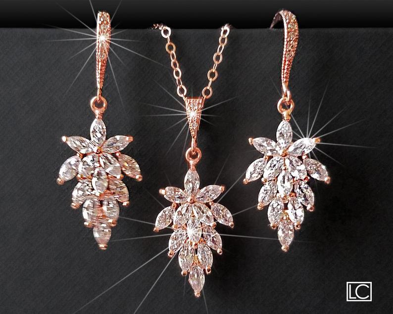 زفاف - Rose Gold Cubic Zirconia Jewelry Set, Cluster Leaf Crystal Earrings&Necklace Set, Floral Crystal Bridal Jewelry, Rose Gold Wedding Jewelry