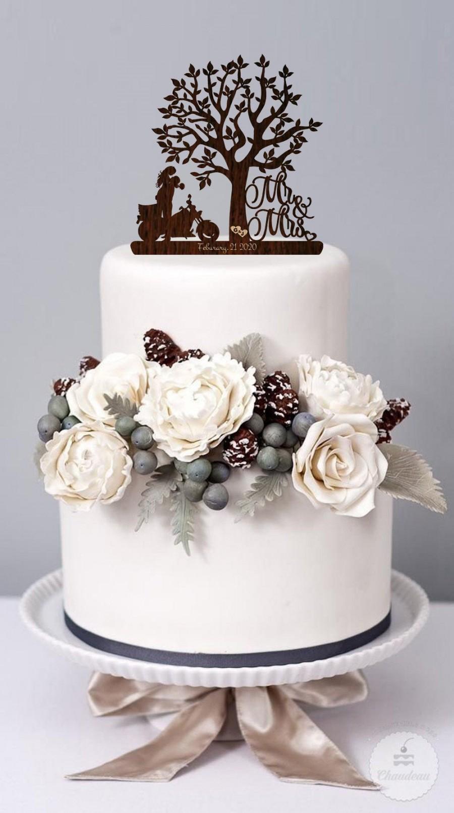 Wedding - Wedding Cake Topper Mr and Mrs with a Motorcycle  Rustic Cake Topper Bride and Groom Biker Cake Topper Custom Cake Topper Wedding Decor
