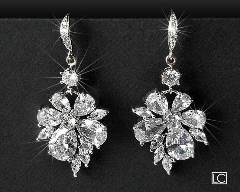 زفاف - Crystal Bridal Earrings, Cubic Zirconia Chandelier Earrings, Sparkly Floral Crystal Earrings, Wedding Jewelry, Bridal Statement Earrings