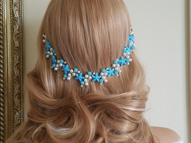 زفاف - Starfish Hair Vine, Beach Wedding Hair Piece, Mermaid Headpiece, Nautical Hair Piece, Beach Wedding Hair Accessories, Blue White Hair Vine