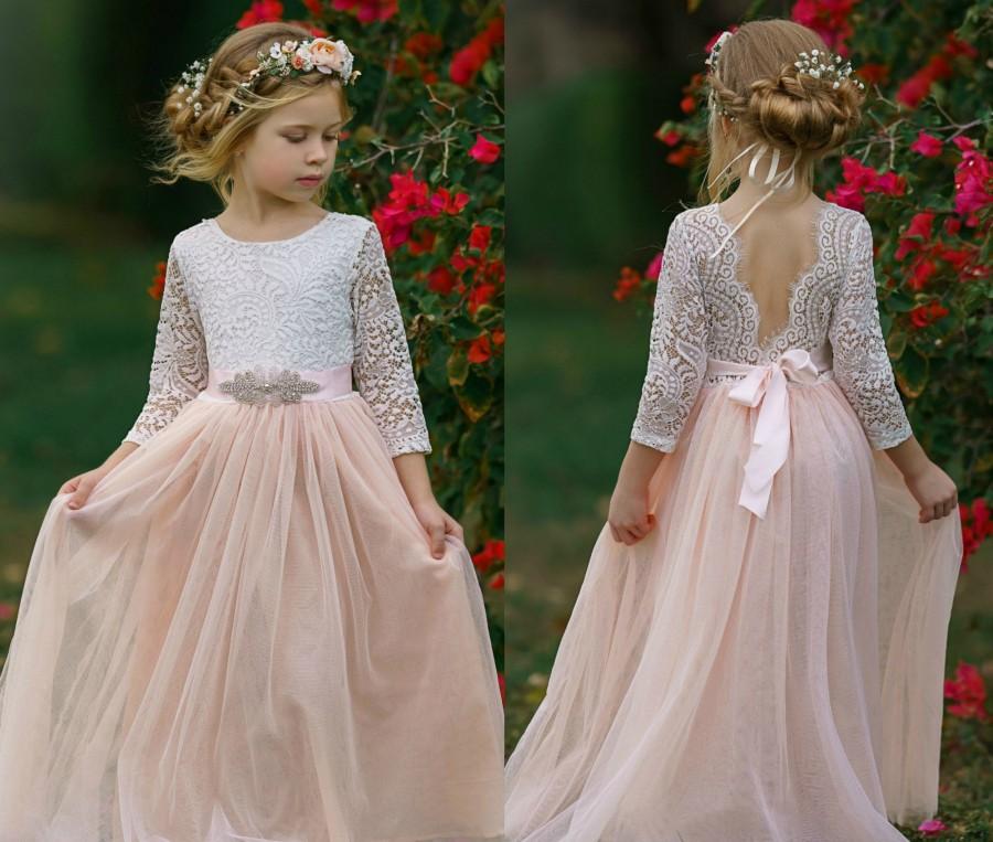 Mariage - Blush Tulle Flower Girl Dress, White Lace Flower Girl Dress, Boho Flower Girl Dresses, Rustic Flower Girl Dresses, Toddler Tutu Dress,
