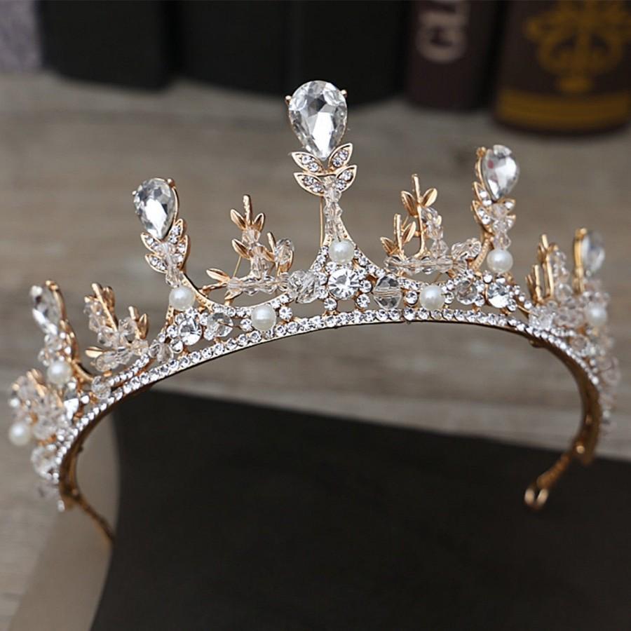 زفاف - Gorgeous Sparkling Gold AUSTRIAN CRYSTAL CROWN with crystal beads and white pearls bridal crown princess crown Wedding Crown