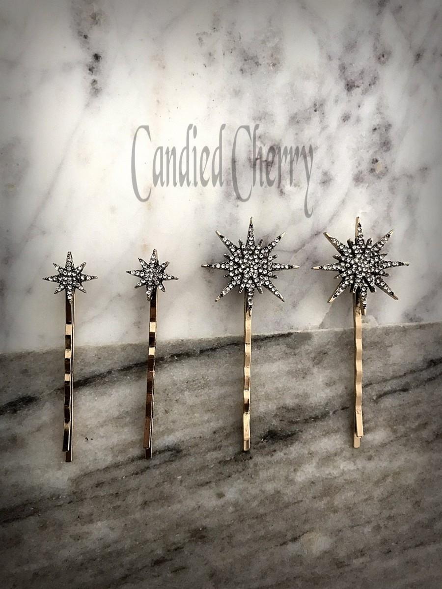 Wedding - Set of 4 Crystal Cosmic Star Galaxy Hair Pins-Bronze Gold Art Deco Belle Epoque Boho Style Celestial Starburst Hair Clips Hairpin-"MIZAR"