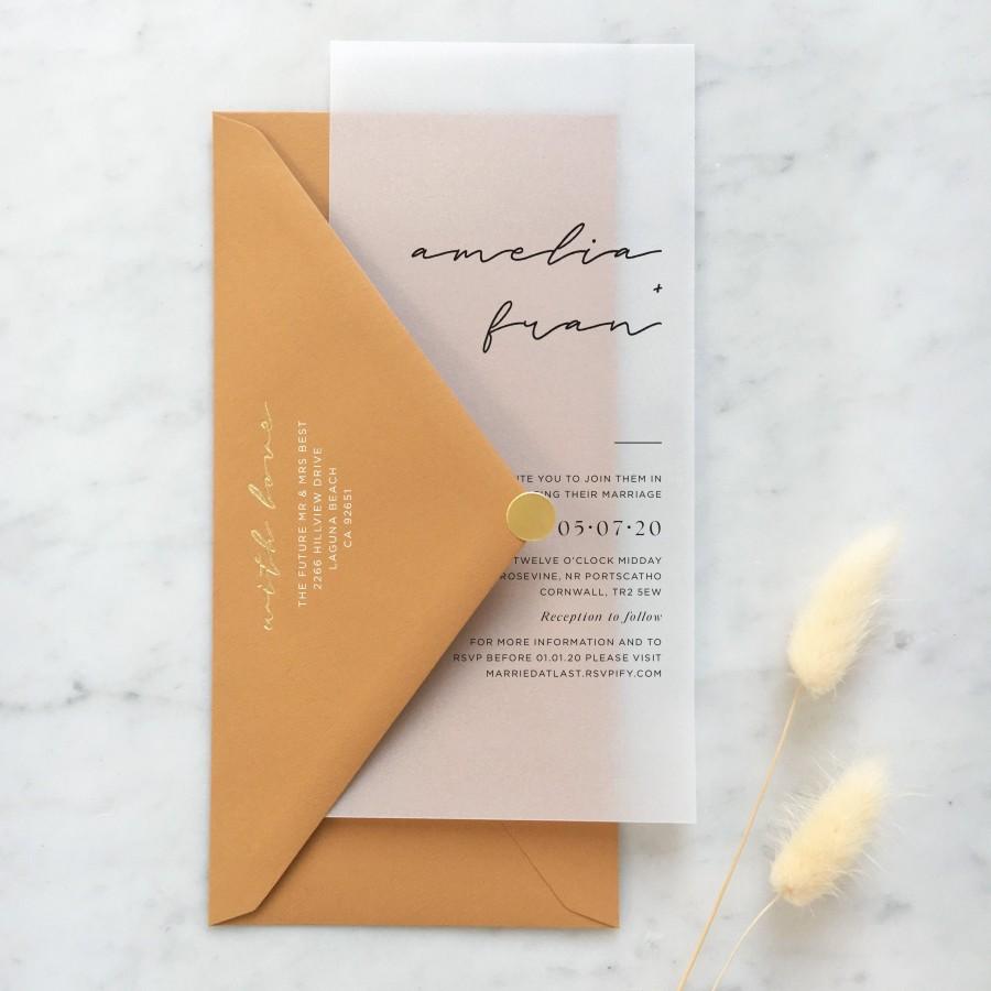 Wedding - Translucent Vellum Script Wedding Invitation with Choice of Envelope & Gold Sticker - SEE DETAILS BELOW...