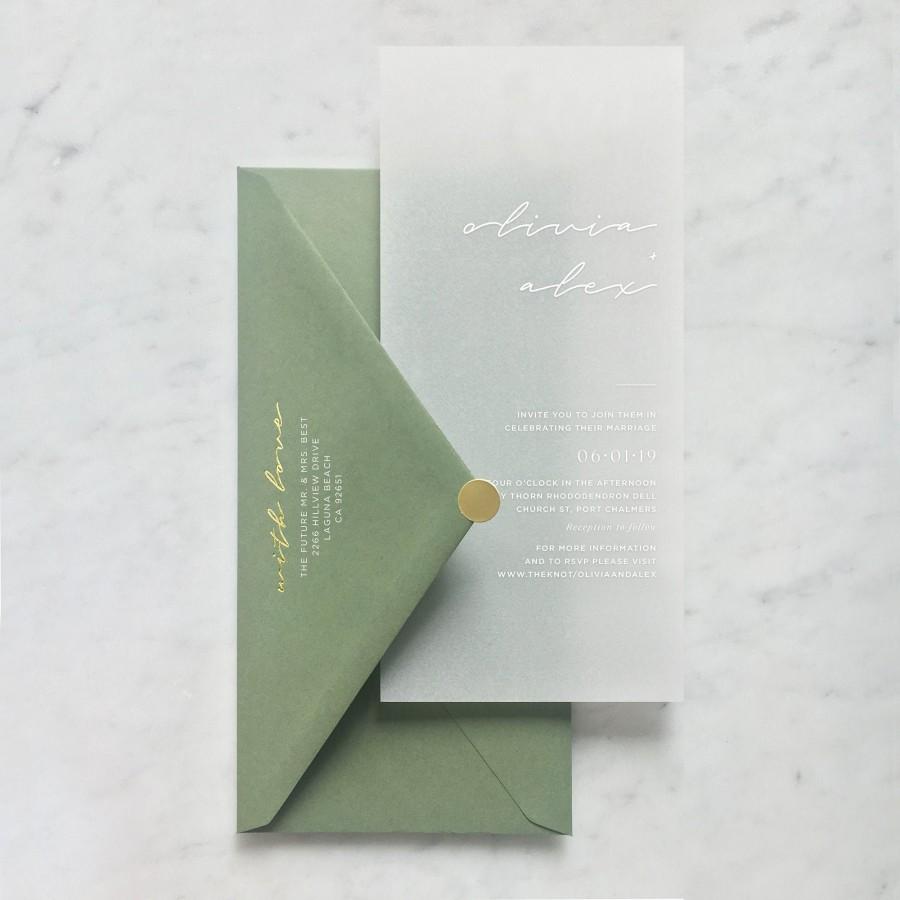 Hochzeit - White Ink on Vellum Translucent Wedding Invitation with Choice of Envelope & Gold Sticker - SEE DETAILS BELOW...