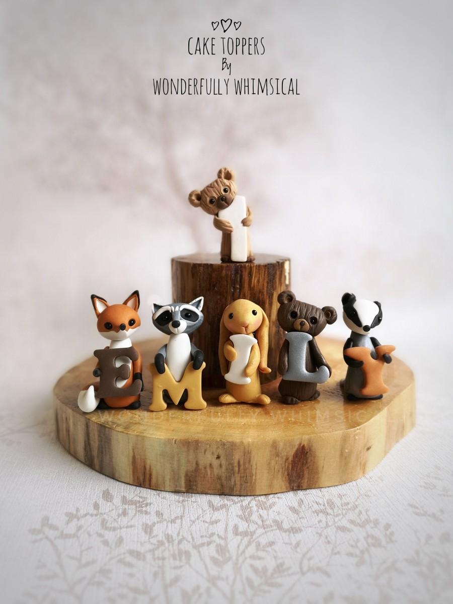 زفاف - Forest Woodland Animal Theme Cake Topper Birthday Set Letters Name Age Baby Christening Handmade Clay Children Keepsake Personalise Custom