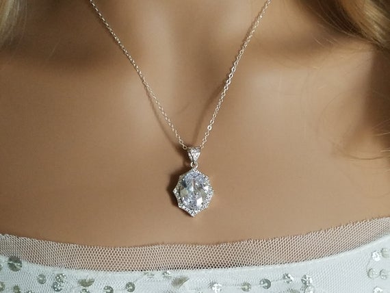 Mariage - Crystal Bridal Necklace, Cubic Zirconia Oval Necklace, Crystal Halo Silver Necklace, Wedding Zirconia Necklace, Sparkly Pendant Prom Jewelry