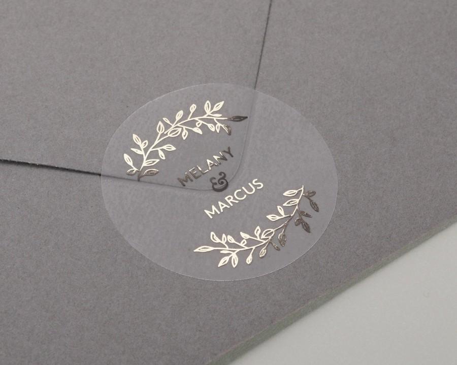 Wedding - Real Foil Wedding stickers, Foiled custom names wedding labels, personalised gold foil favour stickers, Semi clear matt gift envelope seals