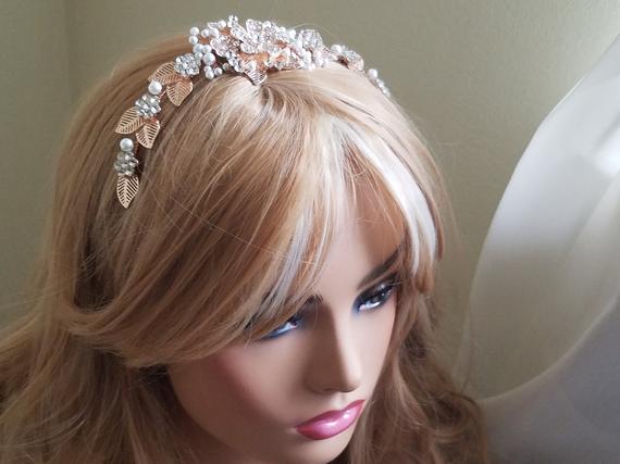 Mariage - Rose Gold Bridal Hair Vine, Wedding Floral Headpiece, Rose Gold Hairpiece, Pink Gold Leaf Headpiece, Rose Gold Hair Jewelry Bridal Headpiece