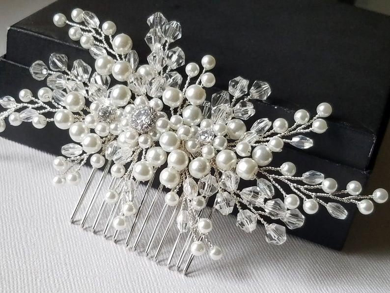 Mariage - Pearl Crystal Bridal Hair Comb, Wedding Hair Piece, White Pearl Crystal Headpiece, Bridal Pearl Hair Jewelry, Crystal Pearl Bridal Hairpiece