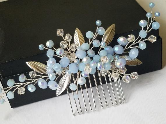 Hochzeit - Dusty Blue Hair Comb, Bridal Blue Silver Headpiece, Light Blue Hair Piece, Wedding Blue Headpiece, Bridal Hair Jewelry Prom Hair Accessories