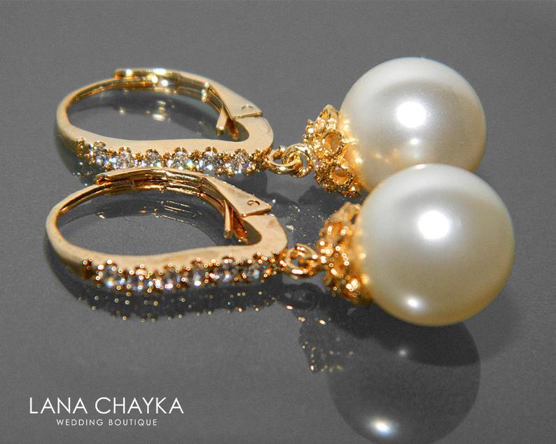 Hochzeit - Pearl Bridal Earrings Pearl CZ Gold Leverback Wedding Earrings Swarovski 10mm Ivory Pearl Earrings Bridal Pearl Earrings Bridesmaids Jewelry