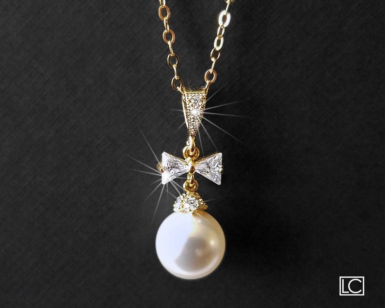Wedding - White Pearl Gold Bridal Necklace, Swarovski Pearl Drop Wedding Pendant, Bow Pearl Pendant, Wedding Pearl Gold Jewelry, Bridesmaids Necklace
