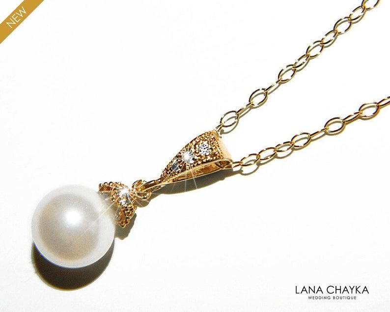 Hochzeit - Pearl Gold Bridal Necklace, Swarovski 8mm White or Ivory Pearl Pendant, Single Pearl Gold Wedding Necklace, Bridal Bridesmaid Pearl Jewelry