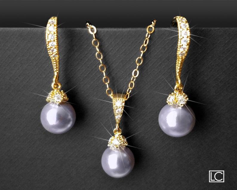 Mariage - Lavender Pearl Gold Jewelry Set, Swarovski 8mm Pearl Earrings&Necklace Set, Lilac Pearl Bridal Jewelry Set, Lavender Pearl Wedding Jewelry