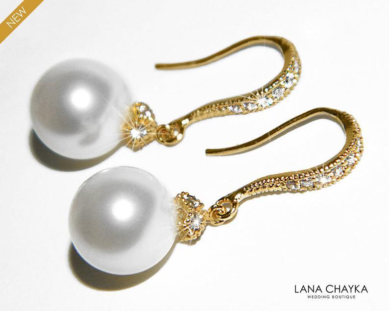 Hochzeit - Pearl Gold Bridal Earrings, Swarovski White or Ivory Pearl Dangle Earrings, Wedding Pearl Gold Jewelry, Bridesmaids Earrings, Bridal Jewelry