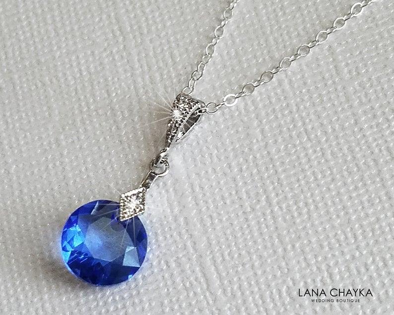 Wedding - Sapphire Crystal Necklace, Swarovski Sapphire Blue Pendant, Dainty Royal Blue Crystal Necklace, Wedding Blue Jewelry, Bridal Crystal Jewelry
