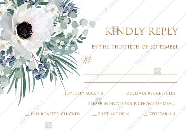 Wedding - RSVP card invitation set white anemone menthol greenery berry PDF 5x3.5 in PDF editor