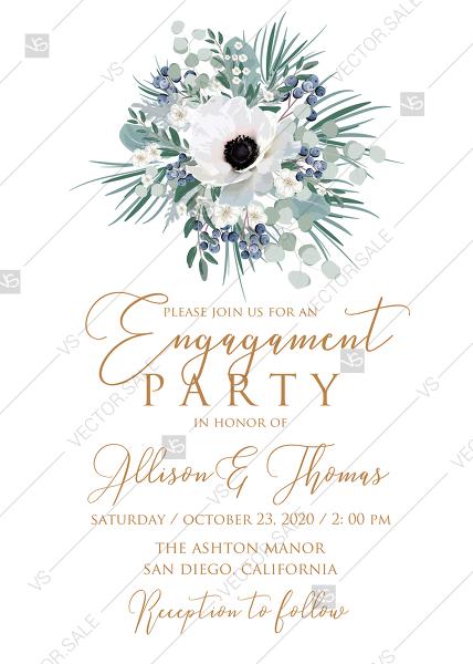 Hochzeit - Engagement party wedding invitation set white anemone menthol greenery berry PDF 5x7 in instant maker