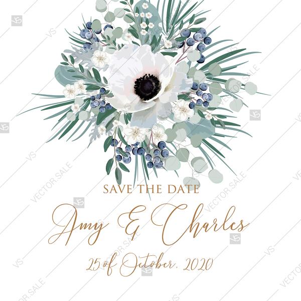 زفاف - Save the date wedding invitation set white anemone menthol greenery berry PDF 5.25x5.25 in PDF template