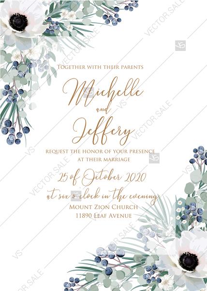 Wedding - Wedding invitation set white anemone menthol greenery berry PDF 5x7 in personalized invitation