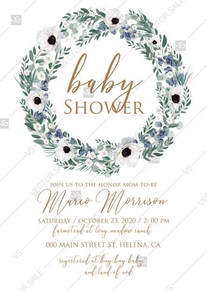 Свадьба - Baby shower wedding invitation set white anemone menthol greenery berry PDF 5x7 in edit online