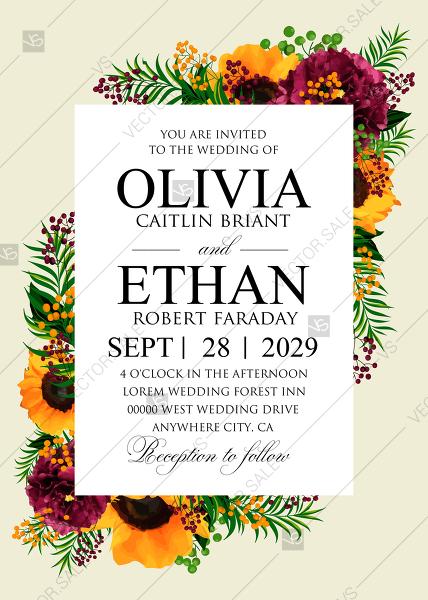 Свадьба - Sunflower peony marsala burgundy greenery hippophae wedding Invitation set PDF 5x7 in invitation maker