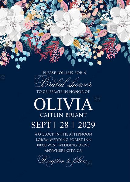 Hochzeit - Bridal shower white anemone winter navy blue background wedding invitation set PDF 5x7 in PDF maker
