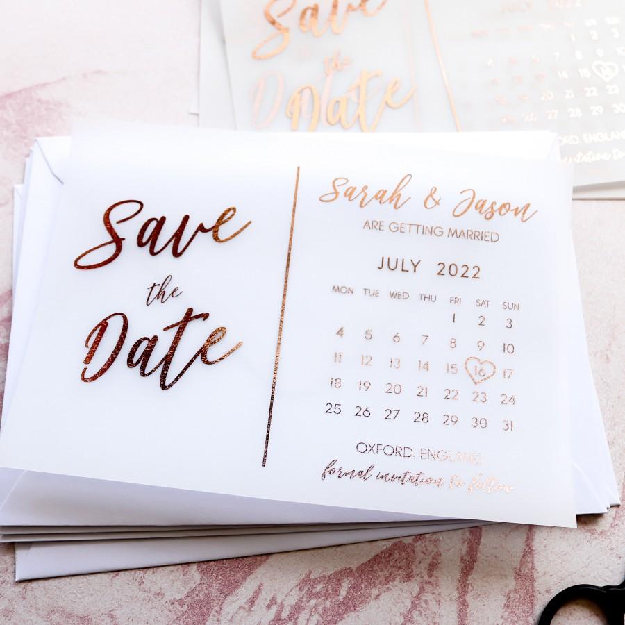 Mariage - Foil Vellum Save the Date Cards Calendar, Modern Foiled Wedding Invites Invitations, Gold Foil, Rose Gold, Silver Foil - FREE envelopes
