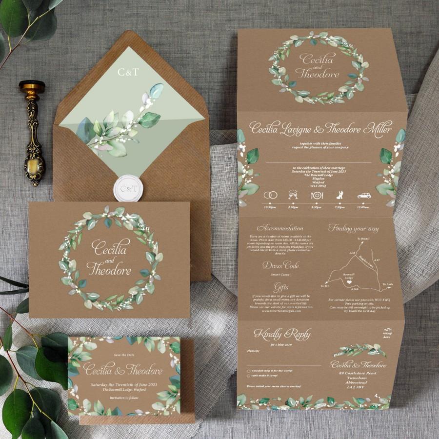 Hochzeit - Greenery Wreath Kraft Effect - Wedding Invitation & Save the Date Calendar, greenery wedding invites, concertina wedding invitation