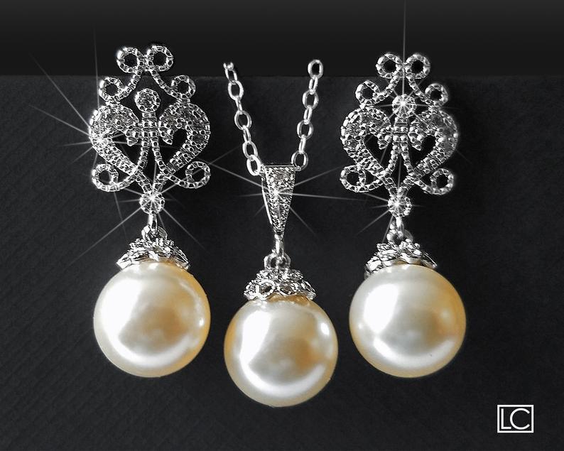 Hochzeit - Pearl Bridal Jewelry Set, Swarovski Ivory Pearl Drop Set, Pearl Earrings&Necklace Jewelry Set, Wedding Jewelry Sets, Bridesmaids Pearl Set