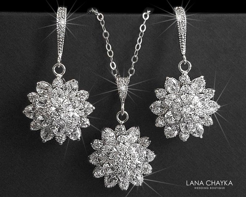 Hochzeit - Cubic Zirconia Bridal Jewelry Set, Crystal Flower Earrings&Necklace Set, Wedding Jewelry Set, Bridal Crystal Jewelry, Sparkly CZ Jewelry Set