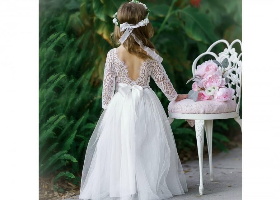 Wedding - Flower girl dress, ivory lace girl dress, flower girl dresses, lace flower girl dress, ivory baby dress, Rustic flower girl dress, toddler