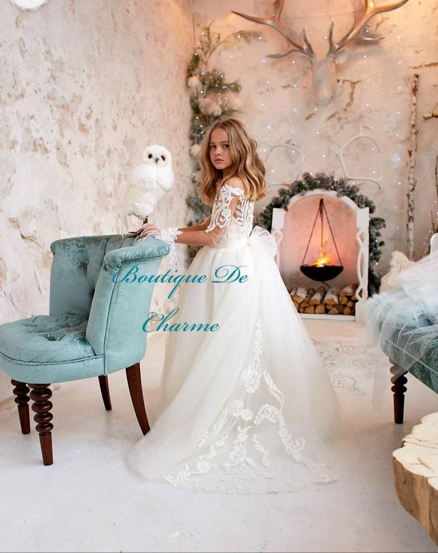 Wedding - Lace Flower Girl Dress ,Tulle Flower Girl,First Communion flower girl dress,Ball gown,Ivory dress,Girls maxi dress,White lace dress
