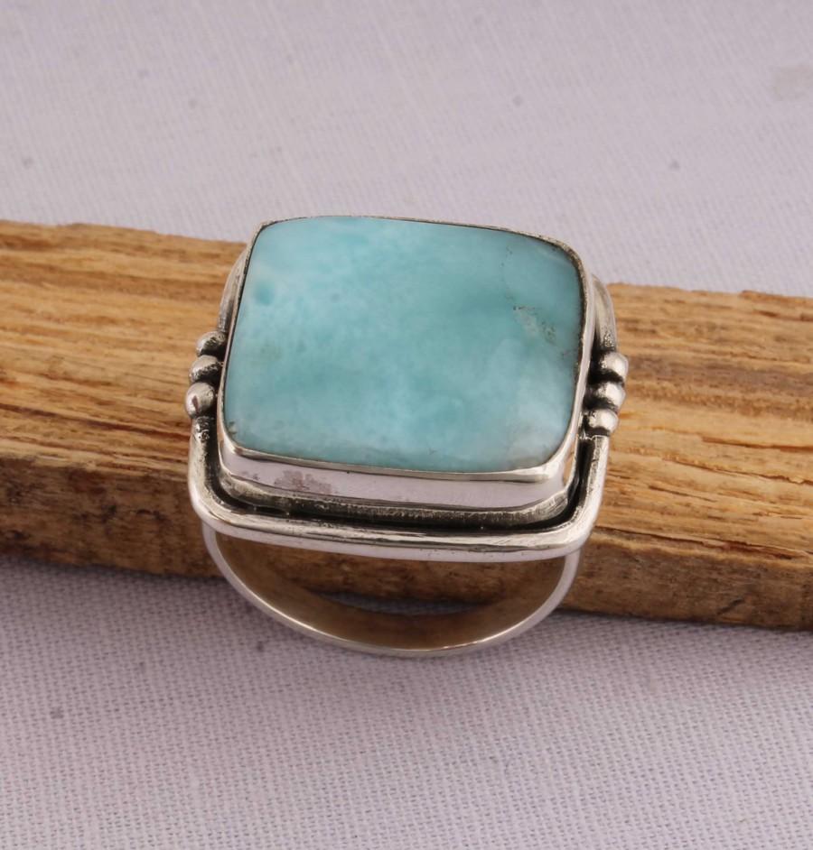 Wedding - Amazing Larimar AAA+Quality Gemstone Ring 925-Antique Silver Ring,Milddle Finger Ring, Gift For Her Square Ring,Sterling Silver Ring,