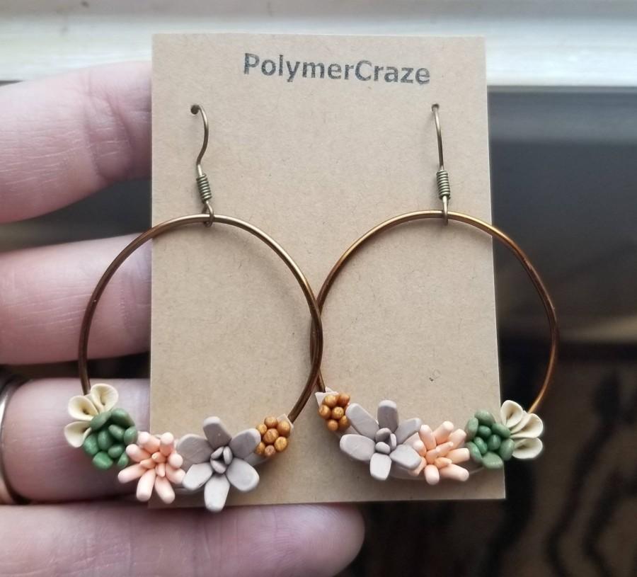Hochzeit - Polymer clay succulent hoop earrings,succulent jewelry, bridal succulent jewelry, succulent earrings, succulent gift, succulent accessories
