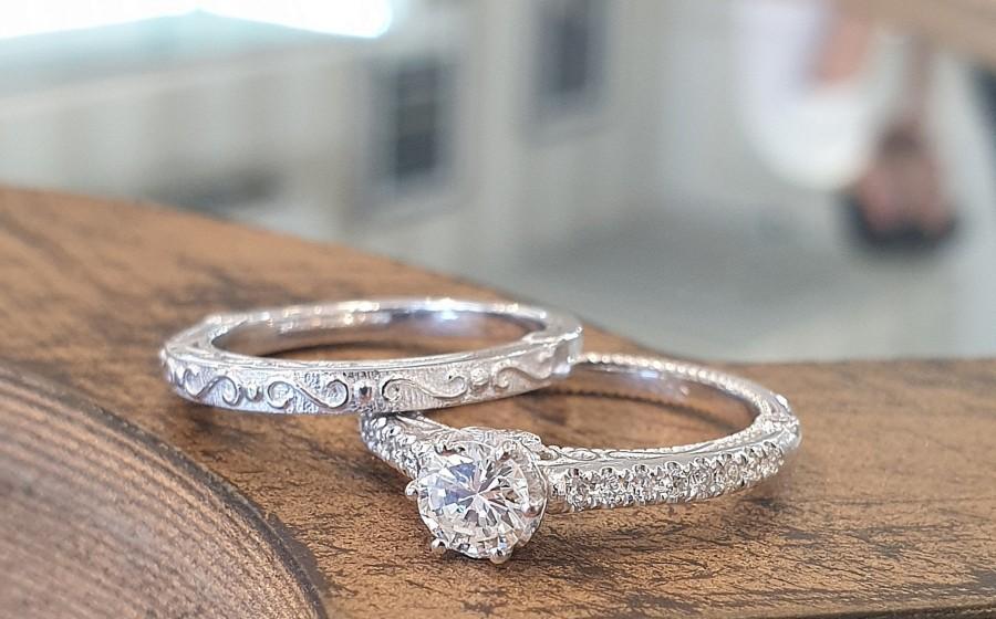 Wedding - Victorian Engagement Rings 14k White Gold Diamond Settings, Edwardian Engagement Set, Wedding Ring Set, Matching Rings, Unique Rings