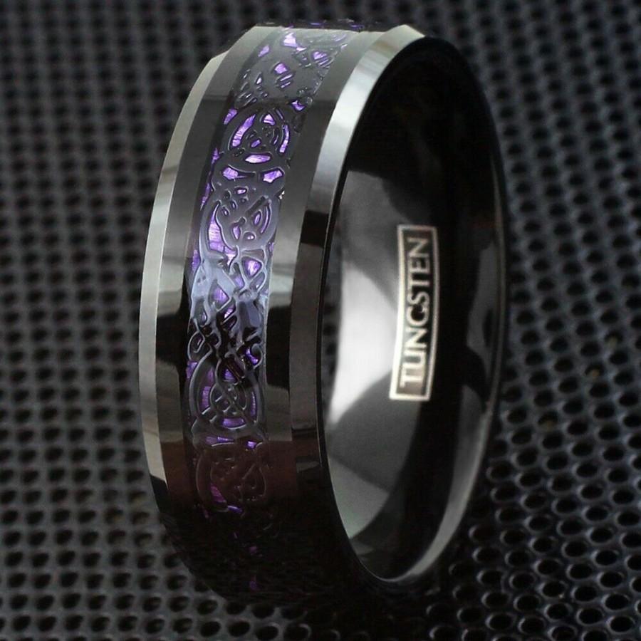 Hochzeit - Black Tungsten Purple Carbon Fiber Celtic Dragon Wedding Band Ring