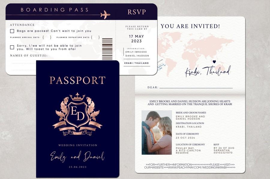 زفاف - Passport Wedding Invitation Template Suite, Faux Rose Gold Passport Wedding Invite, Modern Minimalist Destination Invitation Template A054 G