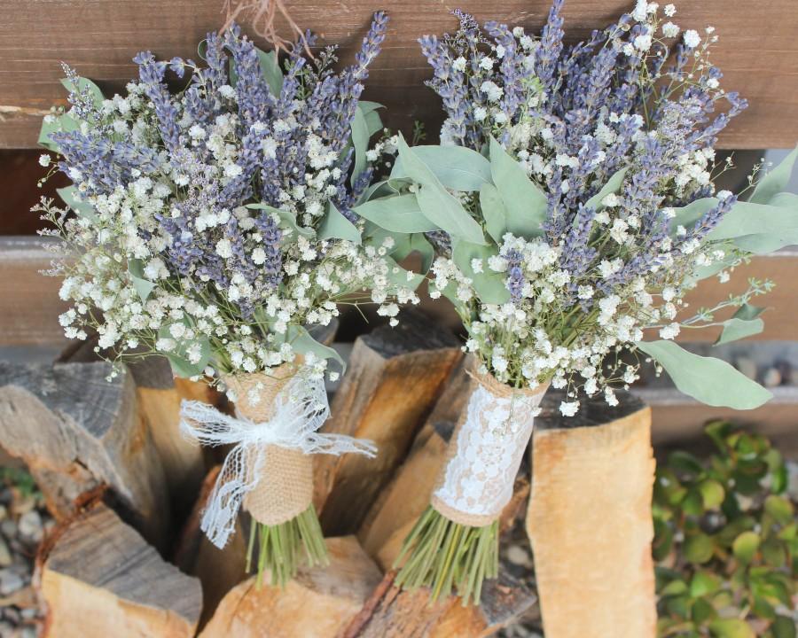Wedding - Bridal Bouquet Lavender / Bridal Bouquet Purple Blue / Babies breath bouquet with eucalyptus leaves greenery