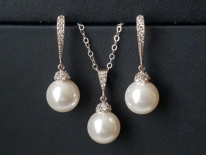 زفاف - White Pearl Bridal Jewelry Set, Swarovski 10mm Pearl Silver Wedding Jewelry Set, Pearl Earrings&Necklace Set, Wedding Jewelry Bridal Jewelry