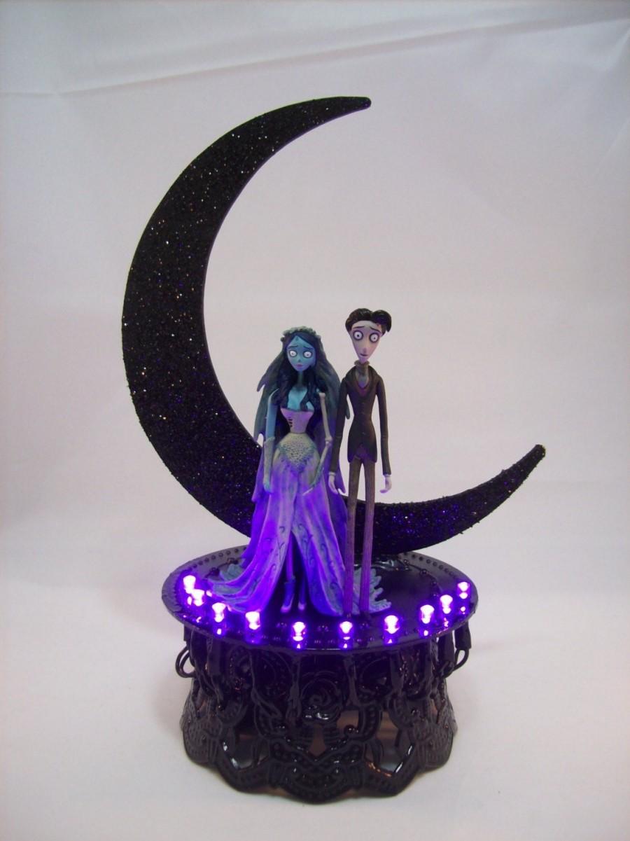 زفاف - Corpse Bride & Victor Wedding Cake Topper Crescent MOON TIM BURTONS Black Sparkles Purple,Clear or Blue Light