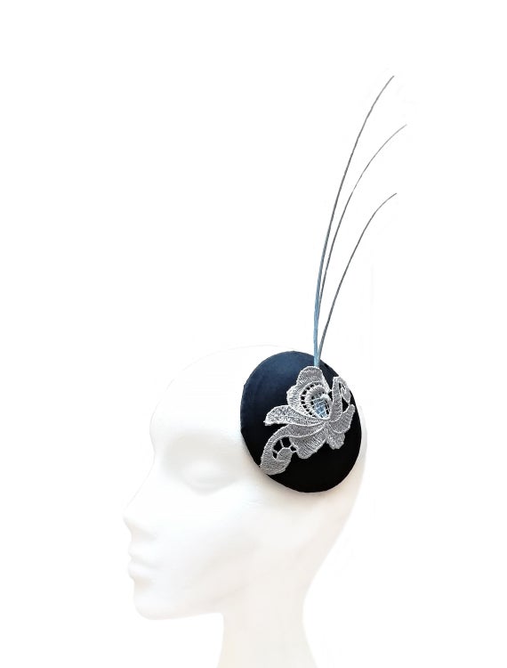Wedding - Black, silver fascinator hat with light blue rachis, TRP-001
