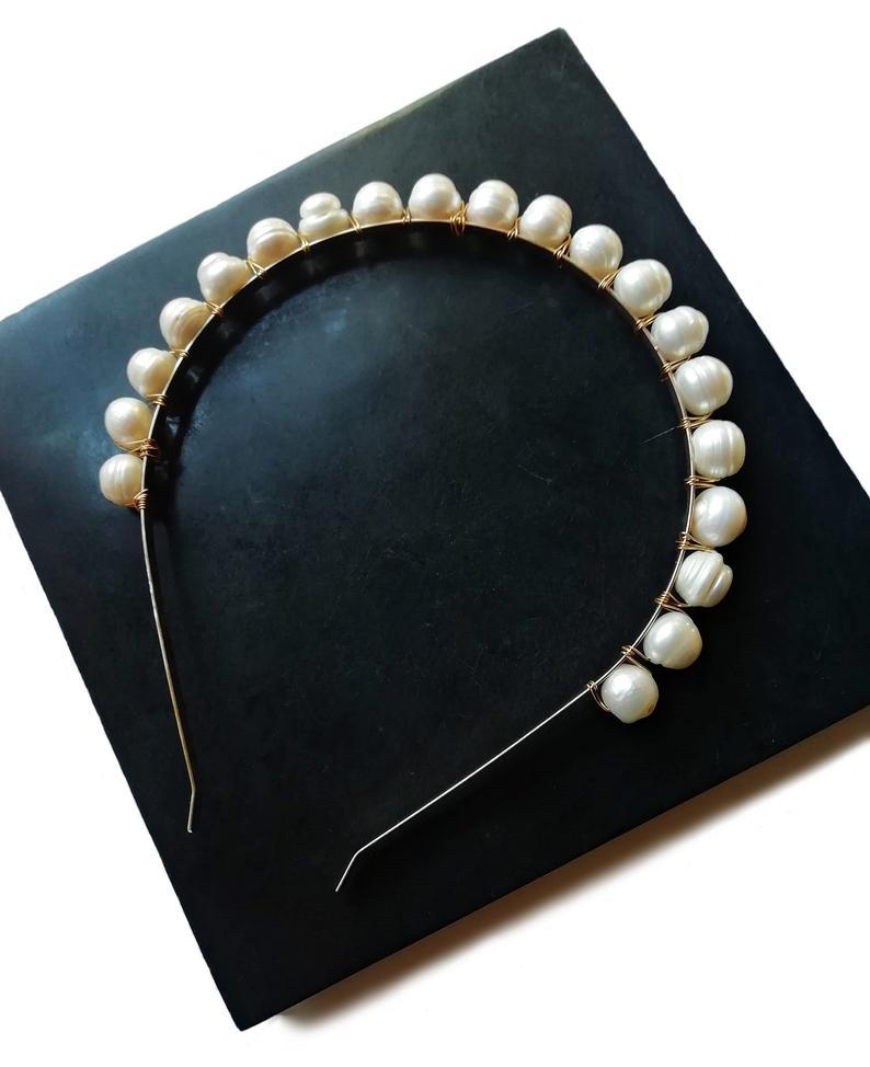 زفاف - Off white and gold freshwater pearl bridal headband, DNP-001