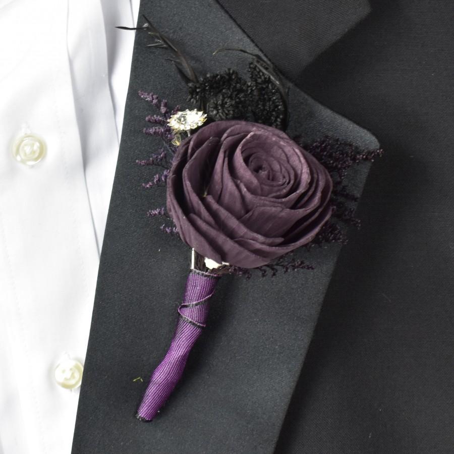 Wedding - Purple and Black Sola Flower Boutonniere// Wood Flower Boutonniere//"Spellbound" Sola Flower Boutonniere